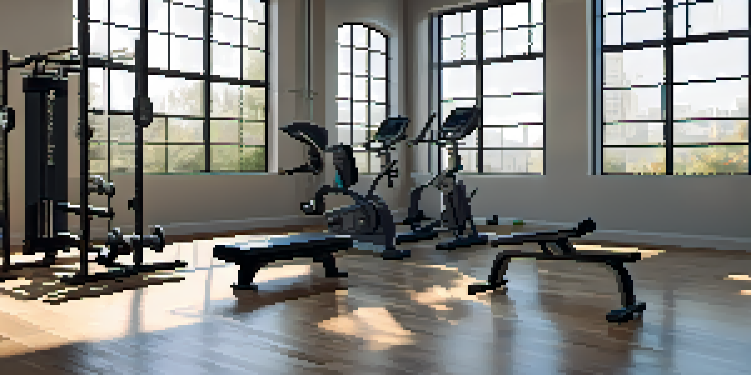A bright and organized gym with workout equipment like dumbbells and barbells, illuminated by natural light.
