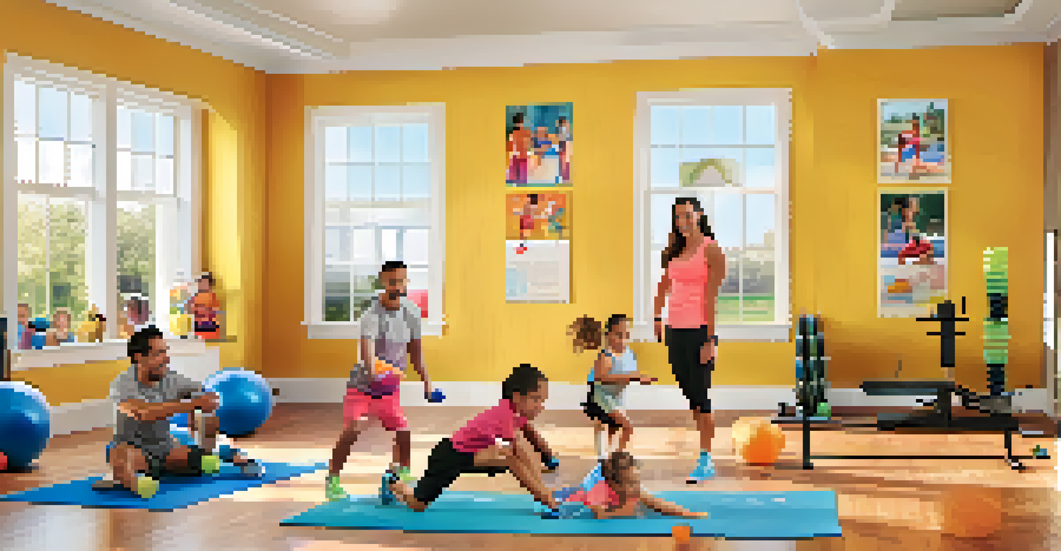 A family participating in a fitness challenge in their home gym, enjoying the activity together.