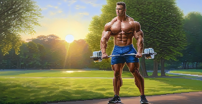 A muscular man lifting weights in a peaceful park during sunrise, surrounded by trees and grass, symbolizing dedication and self-discipline.