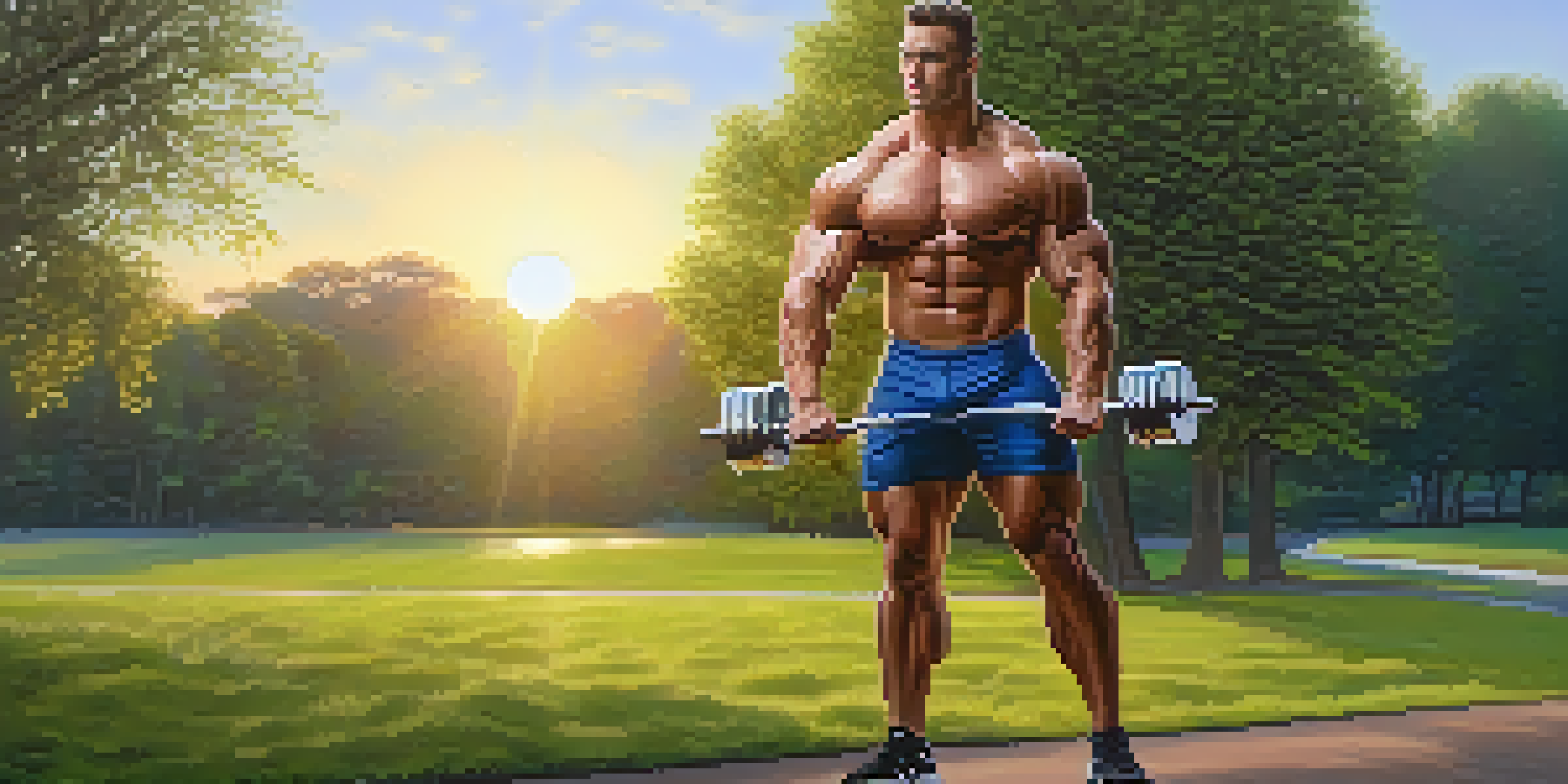 A muscular man lifting weights in a peaceful park during sunrise, surrounded by trees and grass, symbolizing dedication and self-discipline.