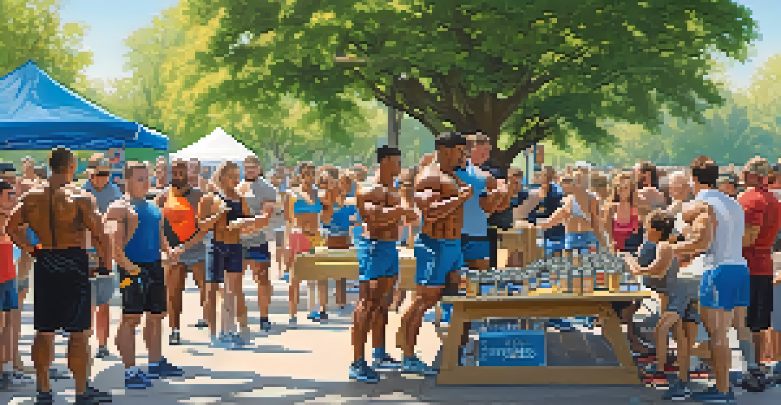 A community gathering for a bodybuilding charity event with participants training together in a park and donation tables nearby.