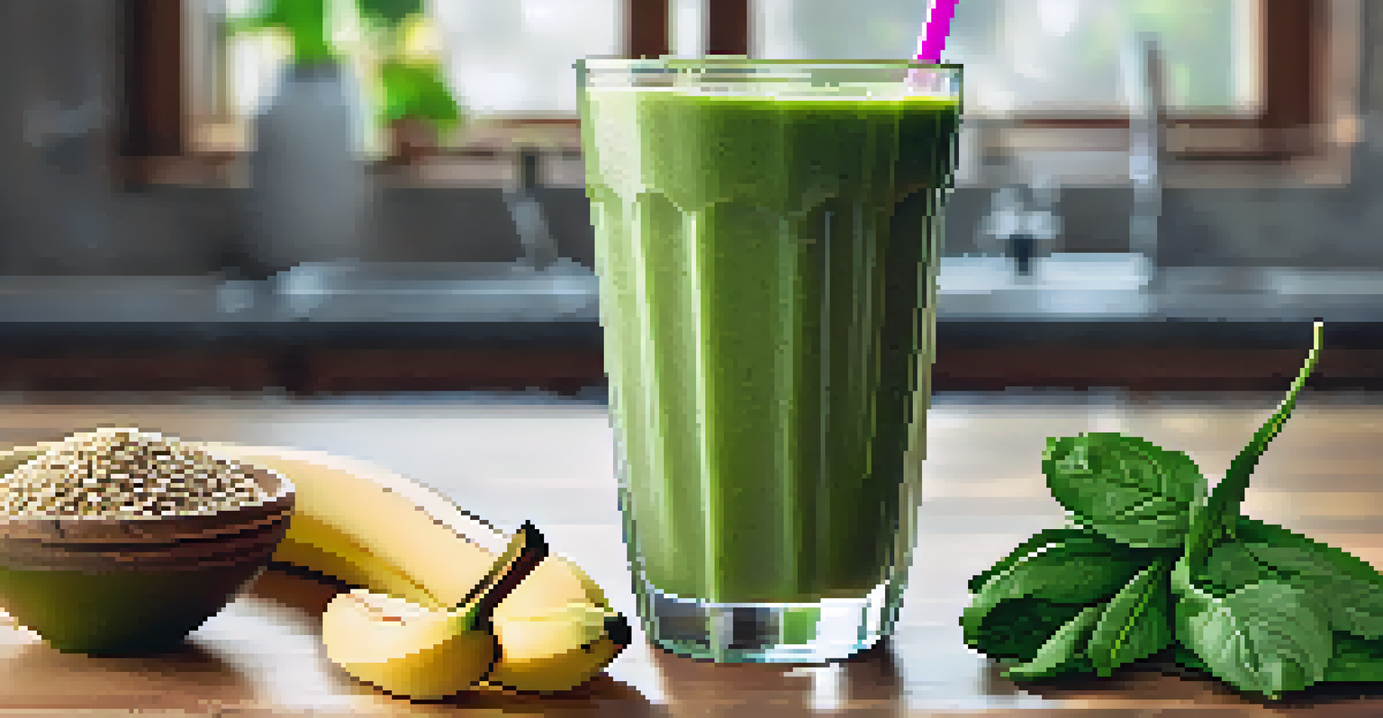 A close-up of a hand holding a green smoothie in a glass, made with spinach and banana, garnished with a slice of banana.