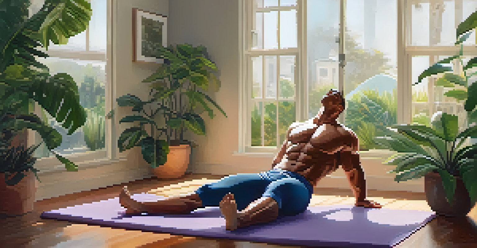 A bodybuilder using a foam roller for recovery in a tranquil setting, surrounded by yoga mats and plants, highlighting the importance of recovery strategies.