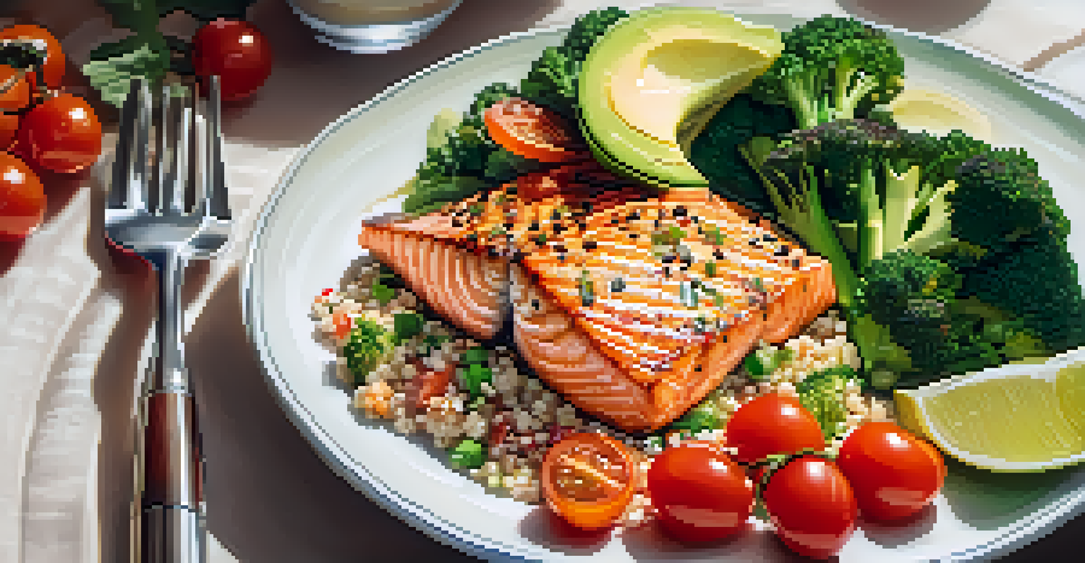 A healthy meal for seniors featuring grilled salmon, steamed broccoli, quinoa, and a colorful salad.