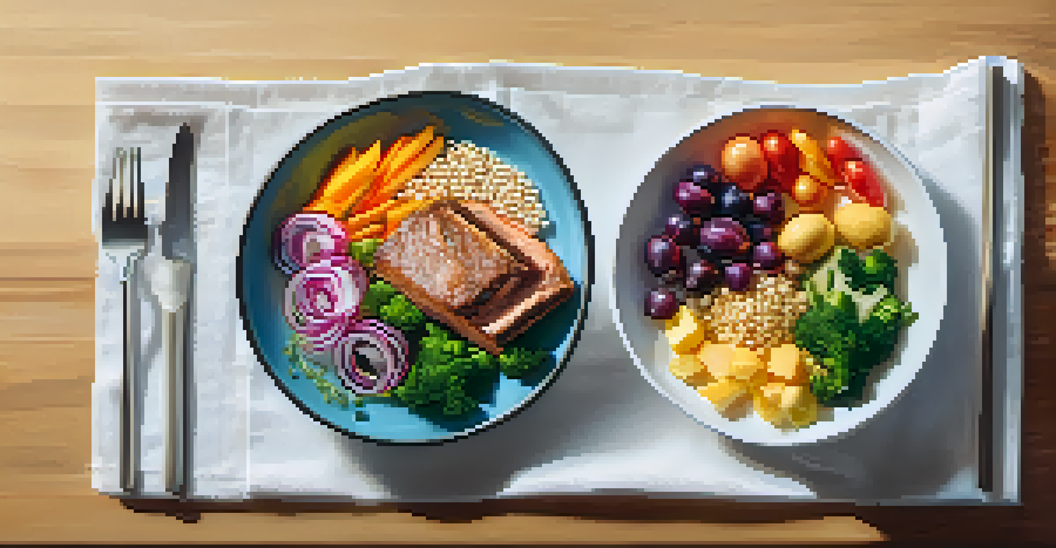 An overhead view of a healthy meal plate with proteins, vegetables, and grains, accompanied by a glass of water.