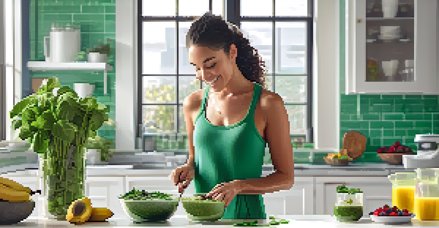 A person preparing a healthy smoothie bowl with spinach, banana, and toppings like hemp seeds and berries in a bright kitchen.
