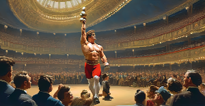 A strongman lifting a heavy barbell in a vintage circus setting, surrounded by an audience in 19th-century clothing under soft golden lighting.
