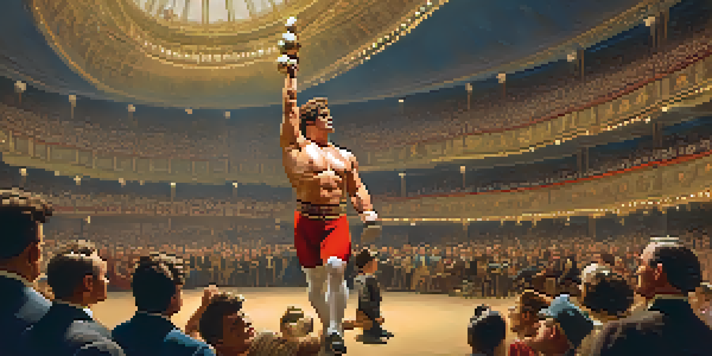 A strongman lifting a heavy barbell in a vintage circus setting, surrounded by an audience in 19th-century clothing under soft golden lighting.
