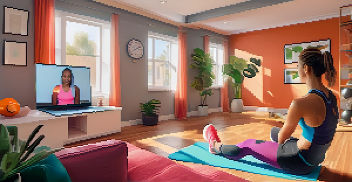 A virtual personal trainer leading a workout session on a laptop while a client exercises at home in a bright living room filled with fitness gear.