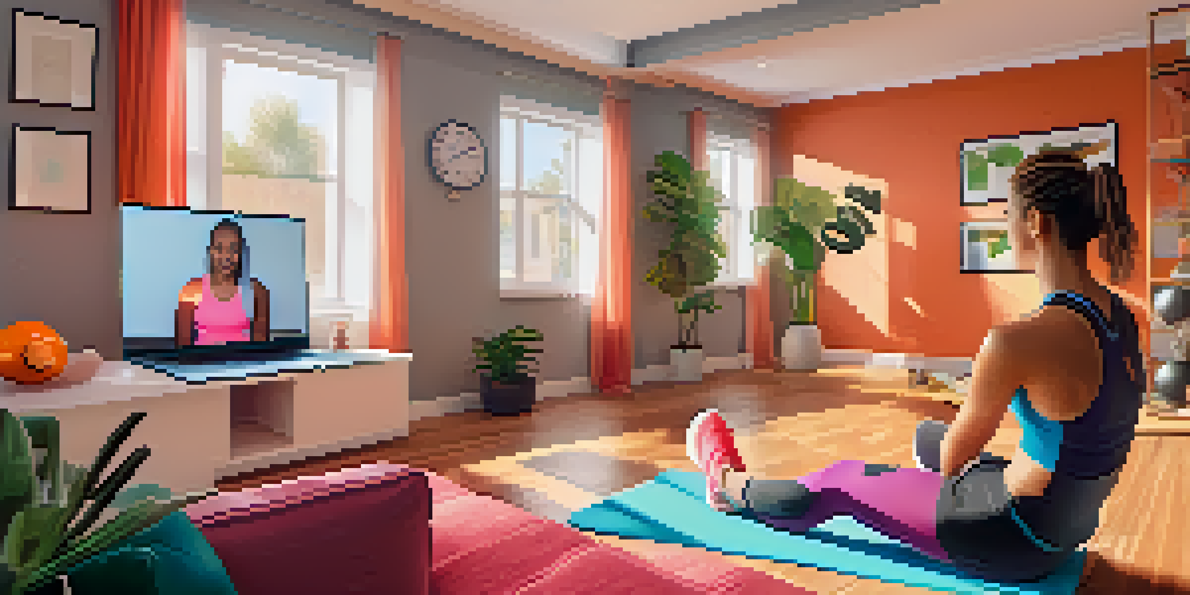 A virtual personal trainer leading a workout session on a laptop while a client exercises at home in a bright living room filled with fitness gear.
