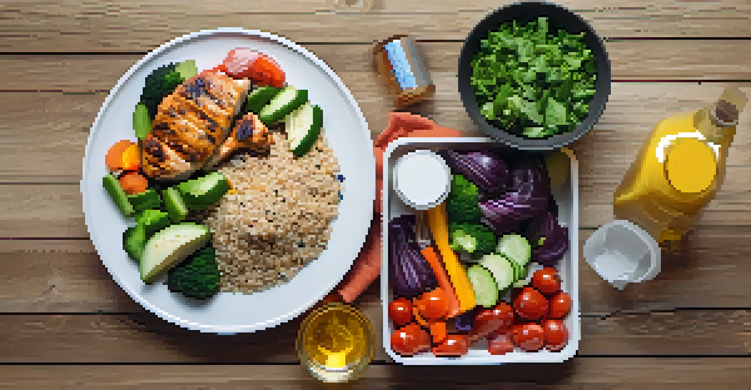 A healthy post-workout meal with chicken and quinoa, alongside creatine supplement.