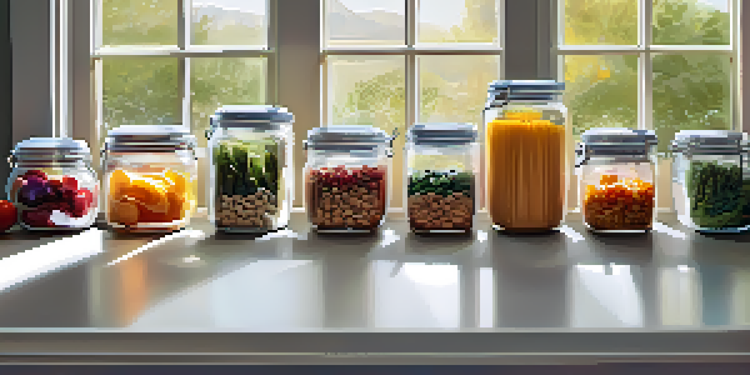 A kitchen countertop with neatly arranged glass containers filled with colorful, healthy meals, illuminated by soft sunlight.