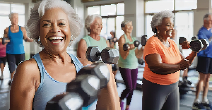 A diverse group of older adults participating in a strength training class in a brightly lit gym, showing determination and joy.