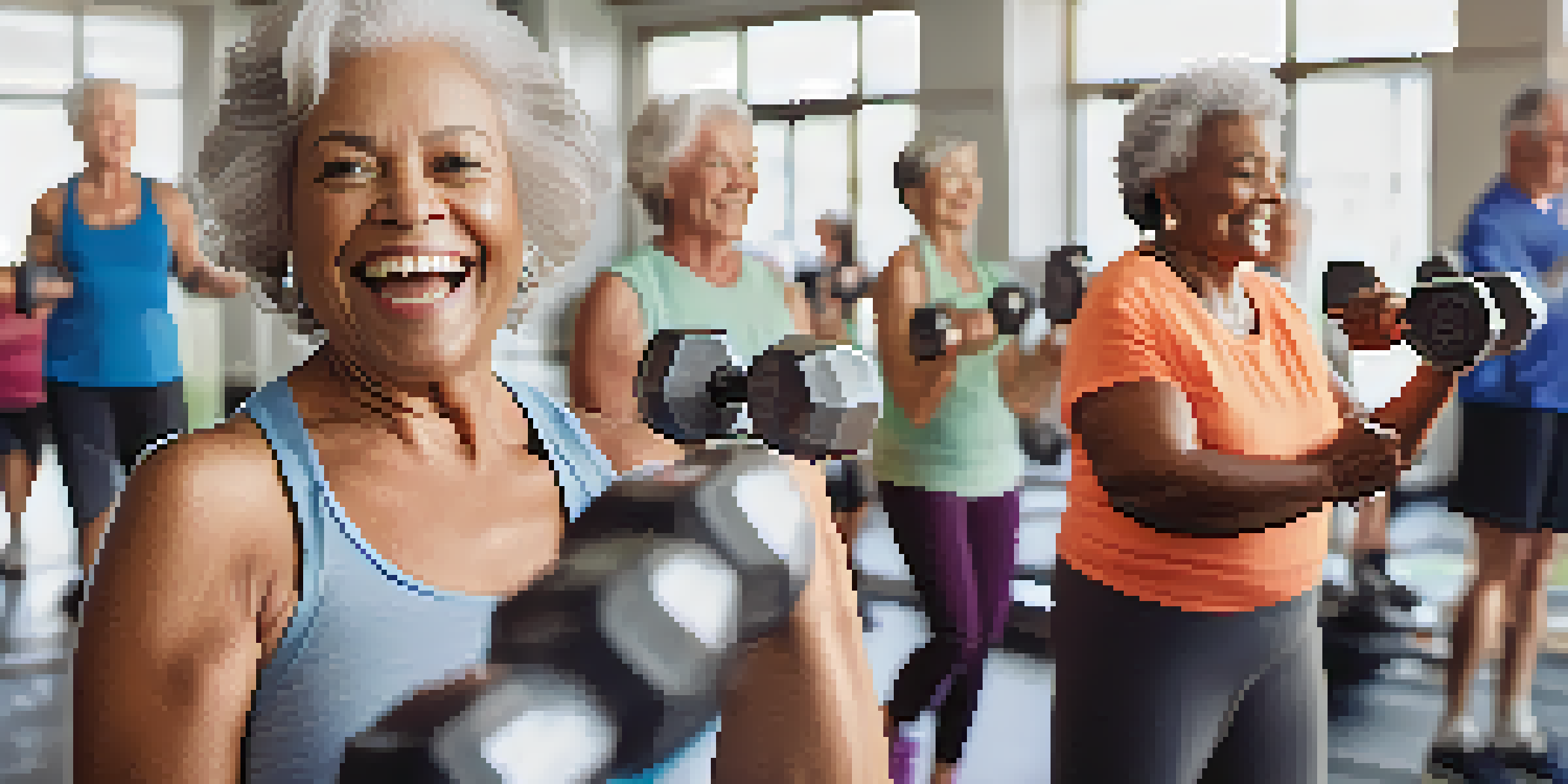 A diverse group of older adults participating in a strength training class in a brightly lit gym, showing determination and joy.
