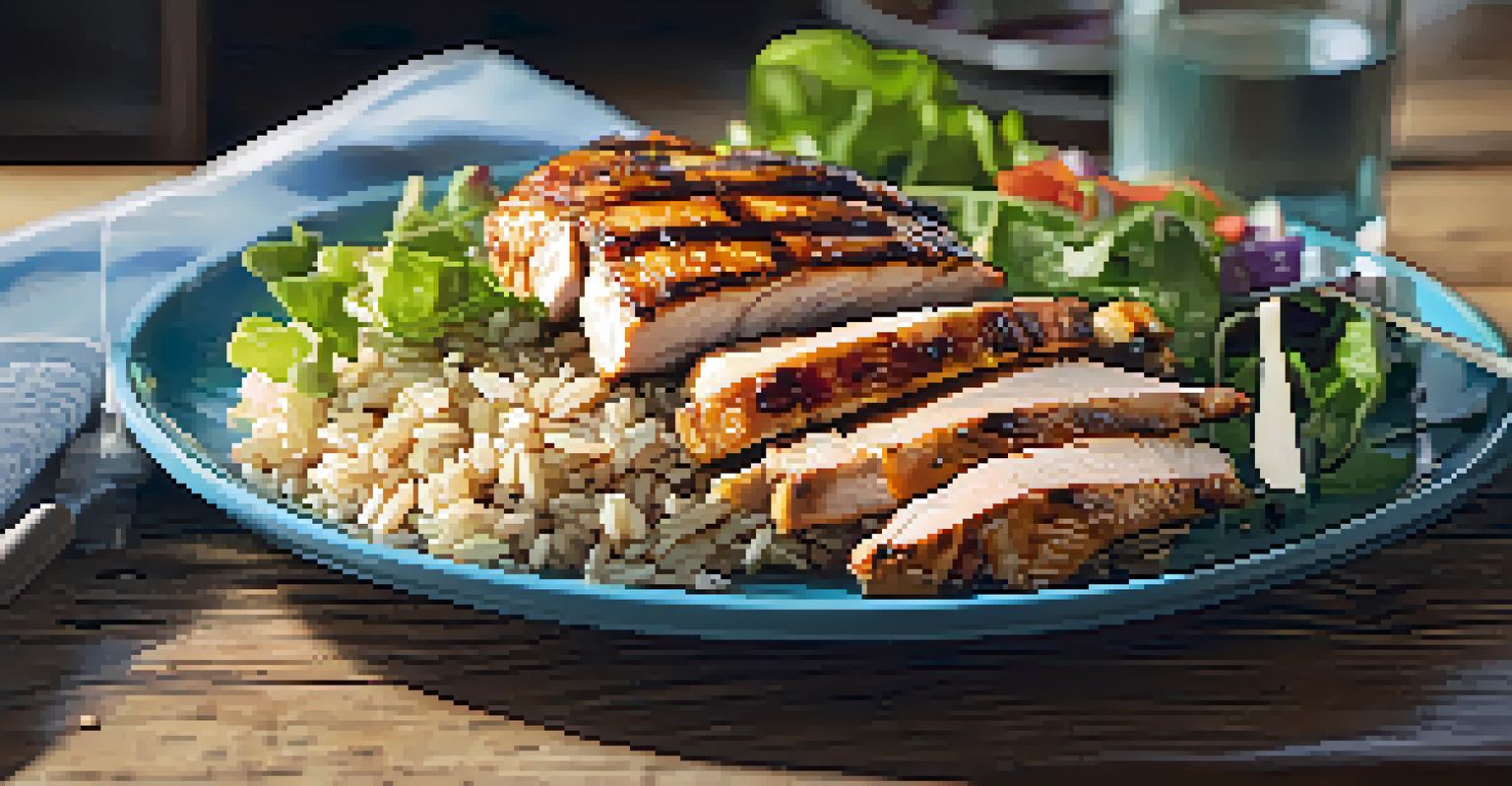 A close-up of a nutritious post-workout meal featuring grilled chicken, brown rice, and salad on a rustic wooden table.