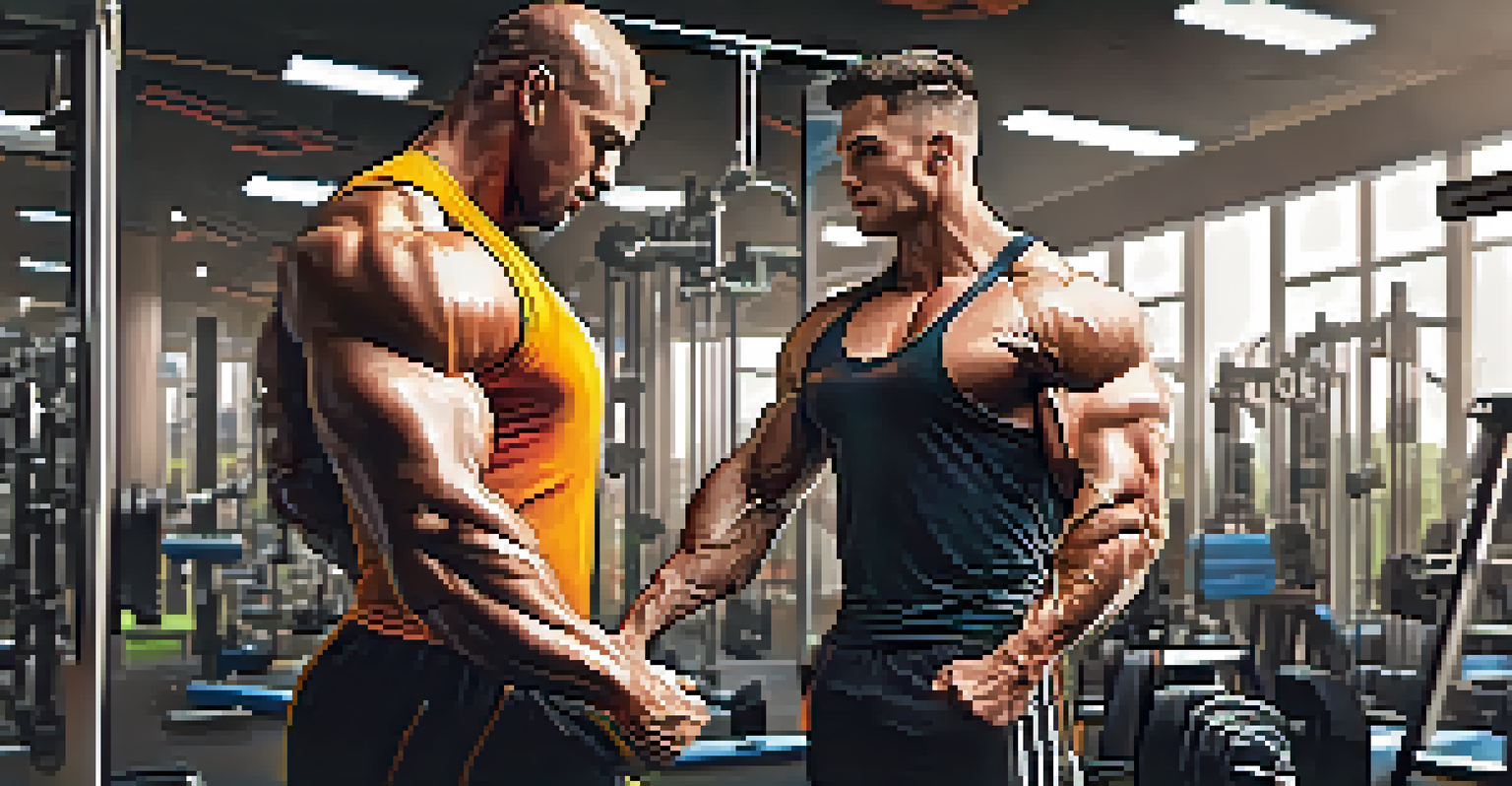A professional trainer demonstrating lifting techniques to a bodybuilder in a bright, modern gym.