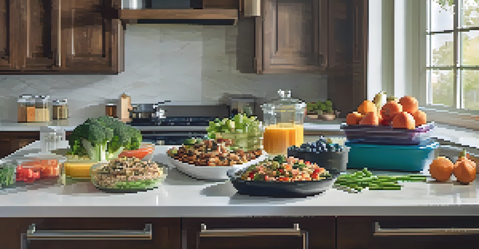 A kitchen countertop with colorful meal prep containers filled with healthy meals.