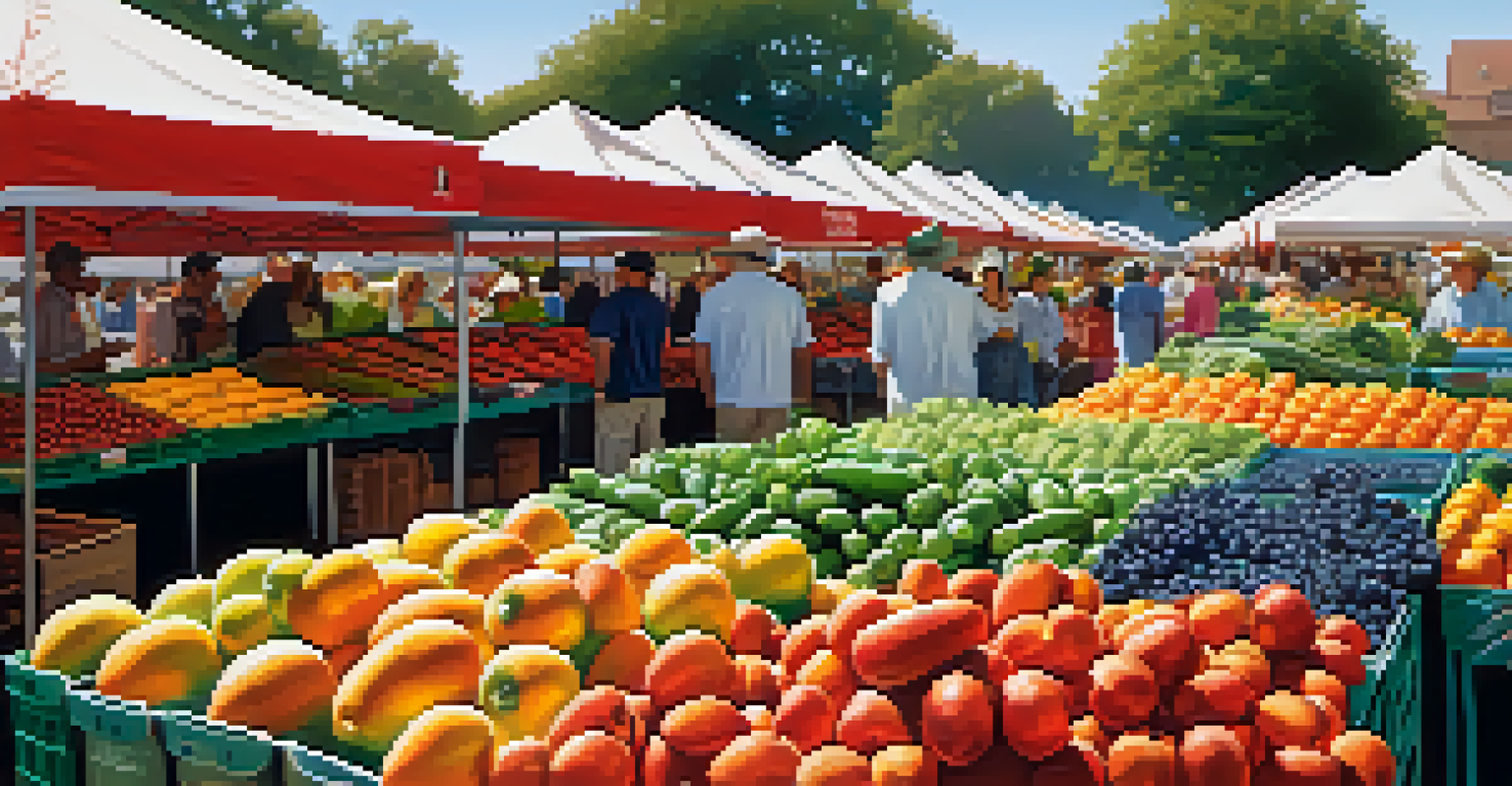 A lively farmer's market with colorful stalls of fresh produce and shoppers interacting with farmers.