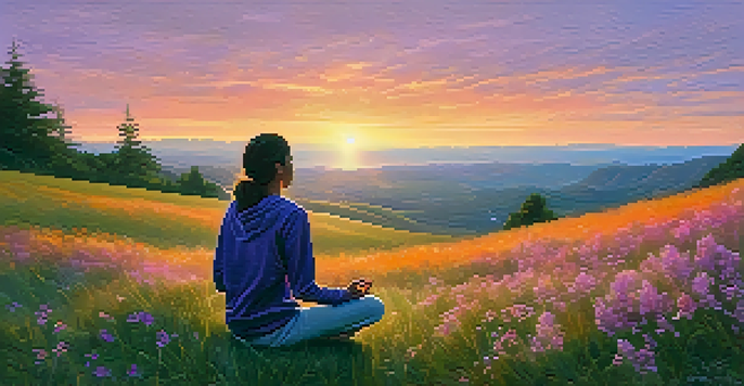 A person meditating on a grassy hill at sunset, with a colorful sky and wildflowers around them.