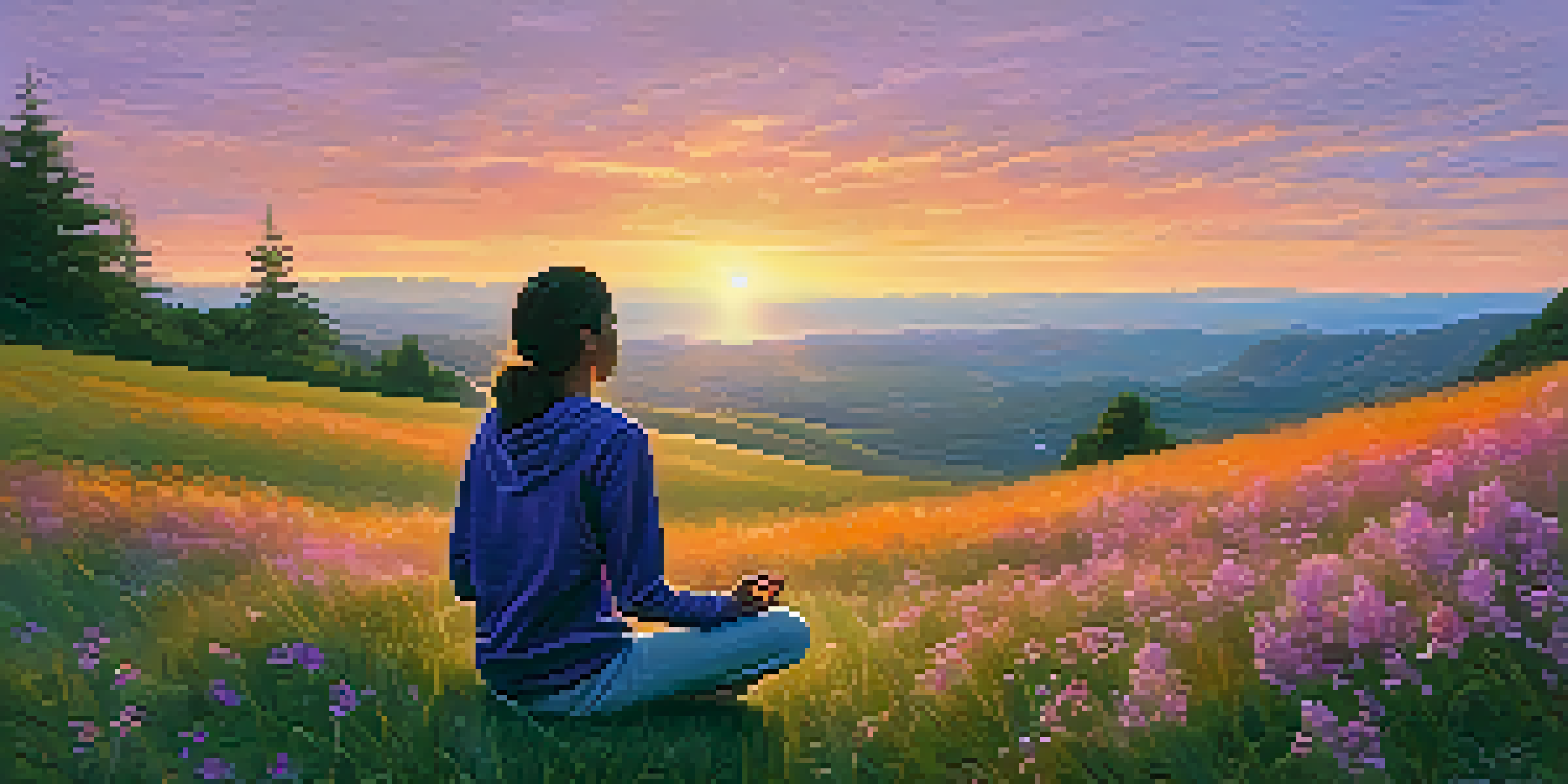 A person meditating on a grassy hill at sunset, with a colorful sky and wildflowers around them.