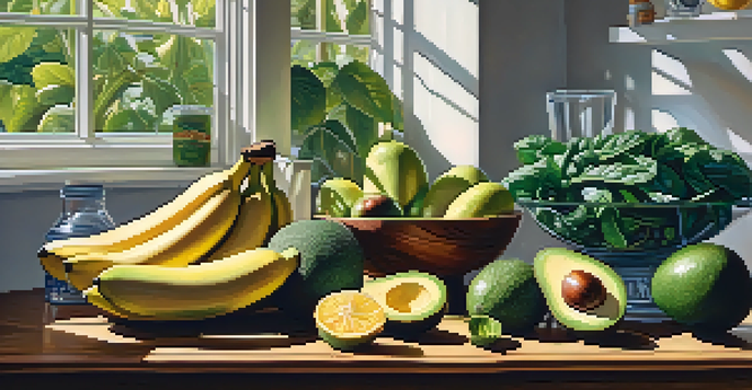 A colorful arrangement of electrolyte-rich foods like bananas and avocados on a wooden table, with sunlight illuminating the scene.