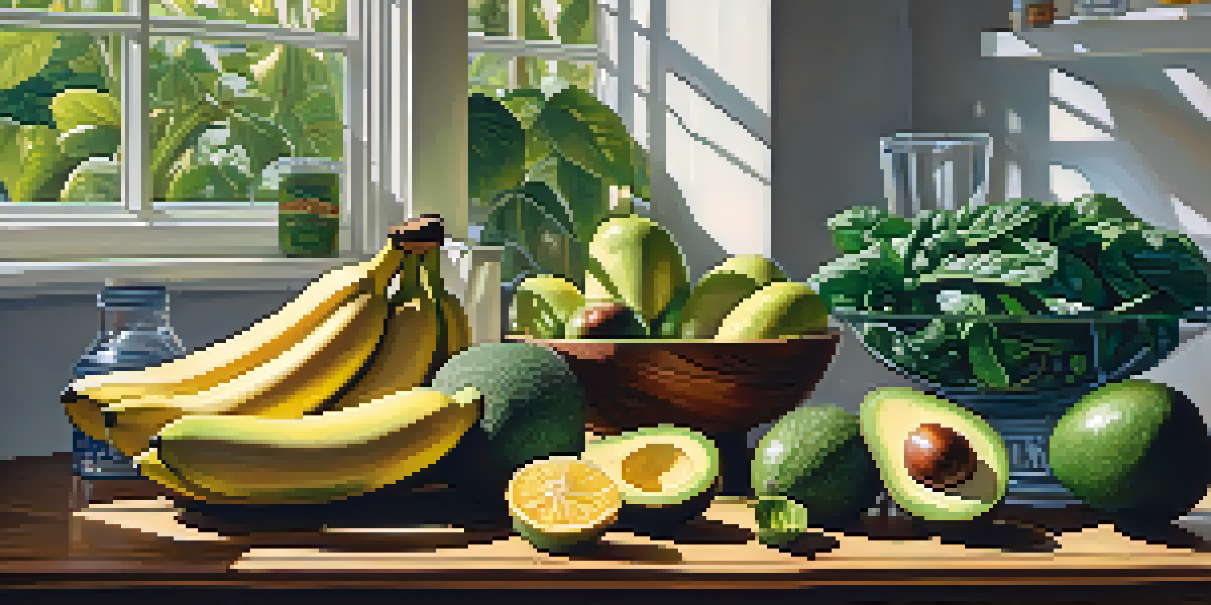 A colorful arrangement of electrolyte-rich foods like bananas and avocados on a wooden table, with sunlight illuminating the scene.