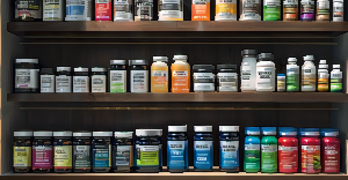 A neatly arranged shelf displaying various bodybuilding supplements such as whey protein and creatine, illuminated by soft natural light.