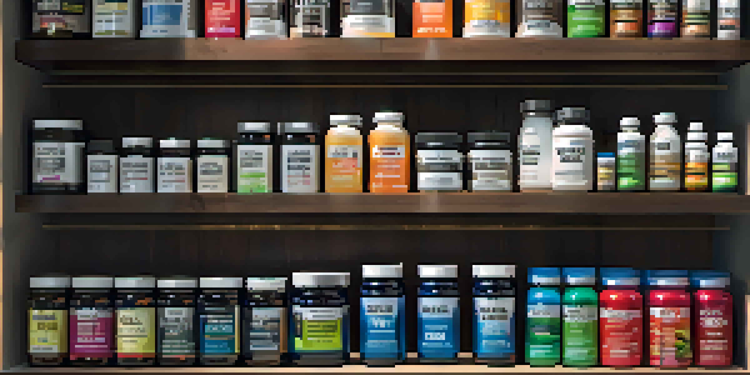 A neatly arranged shelf displaying various bodybuilding supplements such as whey protein and creatine, illuminated by soft natural light.