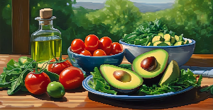 A colorful healthy salad with avocado, tomatoes, and olive oil on a wooden table under soft natural light.