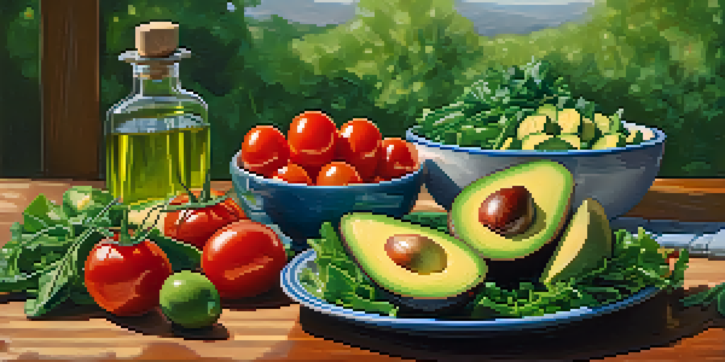 A colorful healthy salad with avocado, tomatoes, and olive oil on a wooden table under soft natural light.
