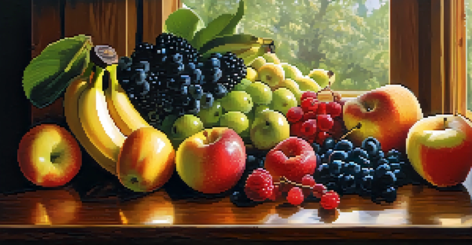 A close-up of assorted fresh fruits like bananas, apples, and berries on a wooden table, illuminated by soft sunlight.