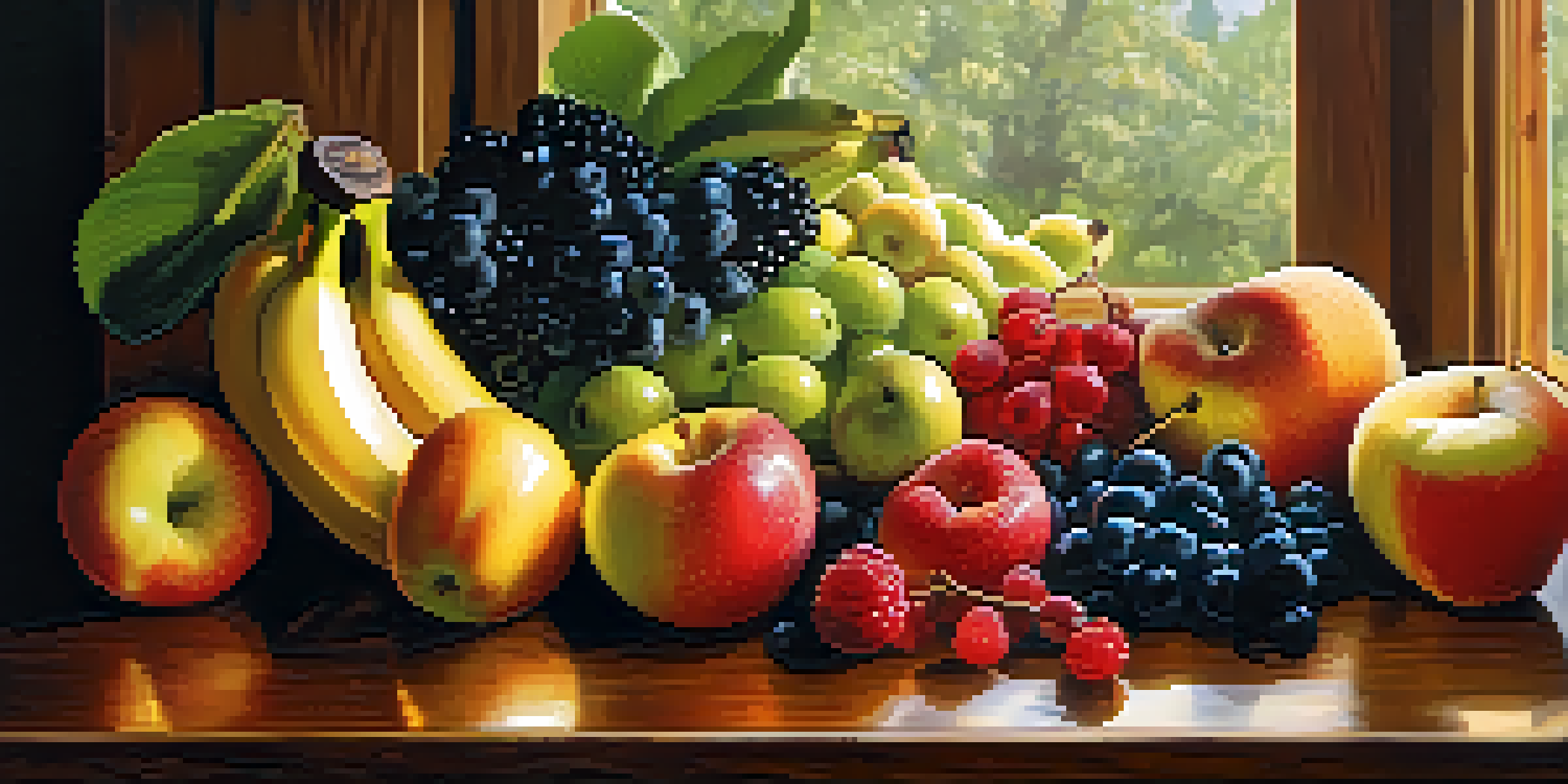 A close-up of assorted fresh fruits like bananas, apples, and berries on a wooden table, illuminated by soft sunlight.