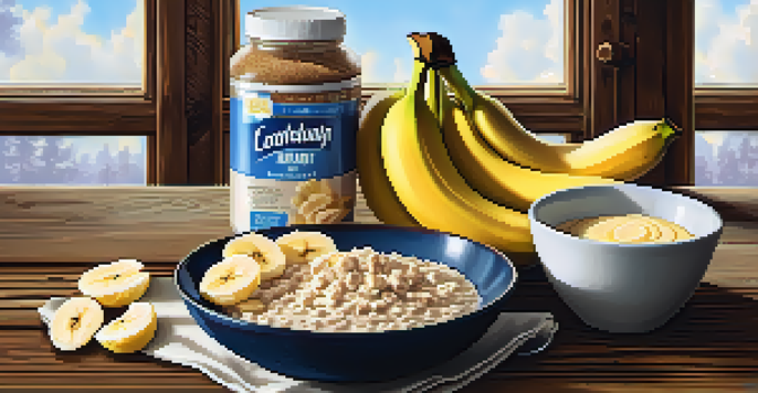 A bowl of oatmeal with sliced bananas and protein powder on a wooden table, illuminated by natural light.
