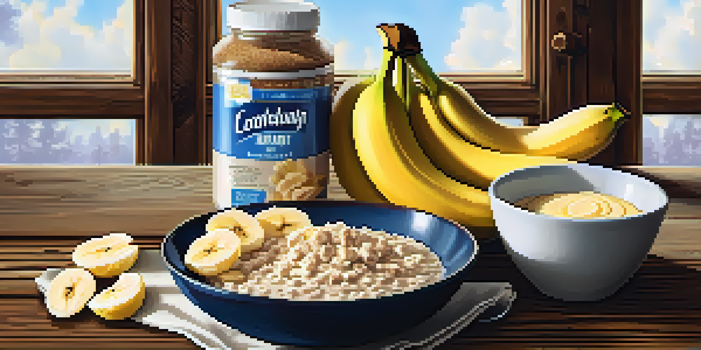 A bowl of oatmeal with sliced bananas and protein powder on a wooden table, illuminated by natural light.
