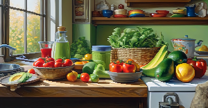 A colorful kitchen countertop filled with healthy foods including avocados, vegetables, and chicken, illuminated by natural light.