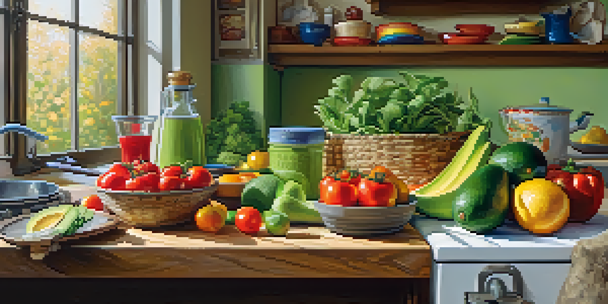 A colorful kitchen countertop filled with healthy foods including avocados, vegetables, and chicken, illuminated by natural light.