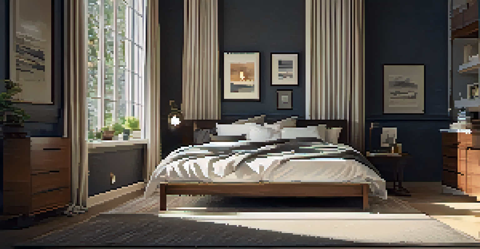 A cozy bedroom designed for restful sleep, featuring a comfortable bed and soft lighting.