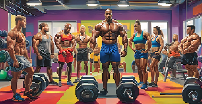 A diverse group of bodybuilders working out in a bright gym, lifting weights and supporting each other.