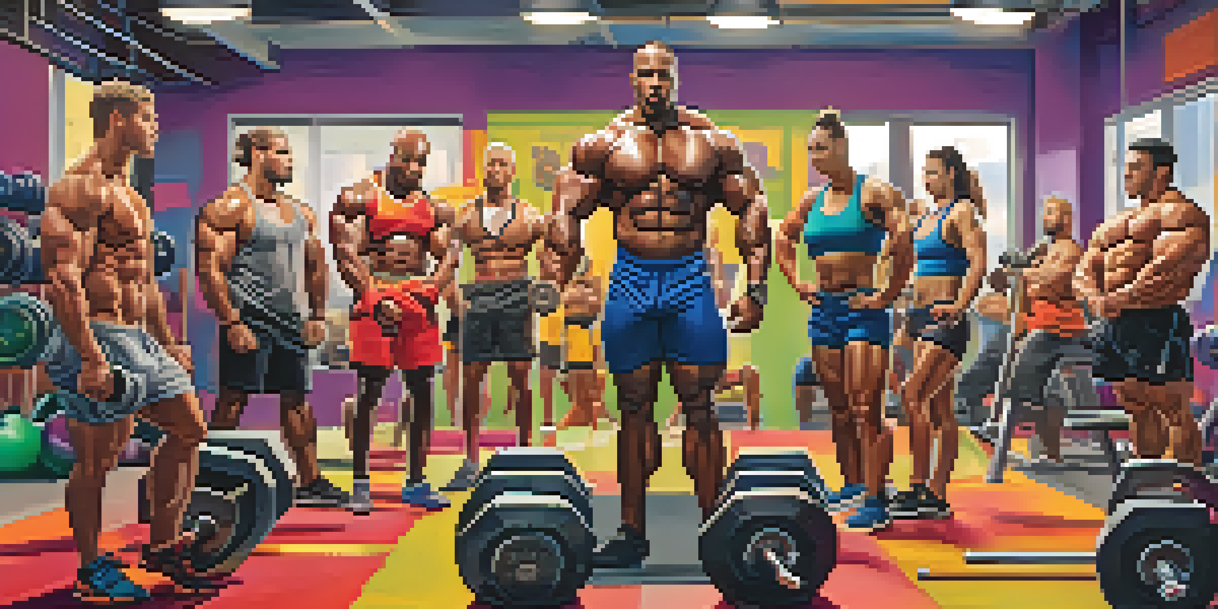 A diverse group of bodybuilders working out in a bright gym, lifting weights and supporting each other.