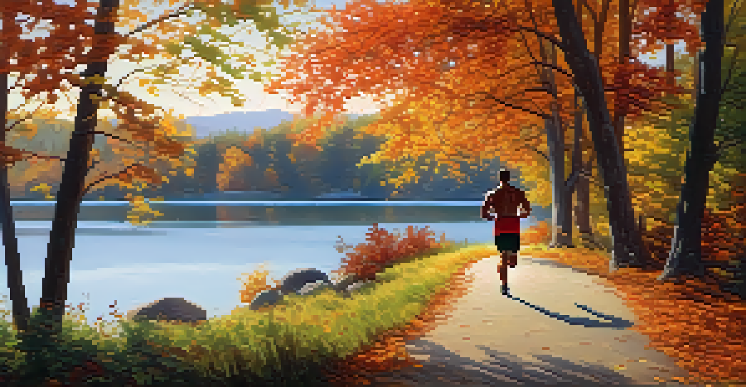 A bodybuilder jogging along a scenic lakeside path surrounded by autumn foliage.