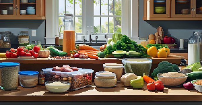 A kitchen counter filled with colorful healthy foods like vegetables, lean meats, and nuts for bodybuilding nutrition.
