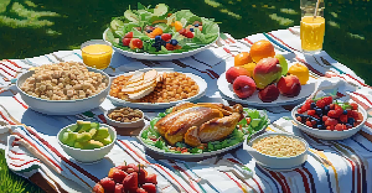 A picnic blanket with a variety of protein-rich foods in a sunny outdoor setting.