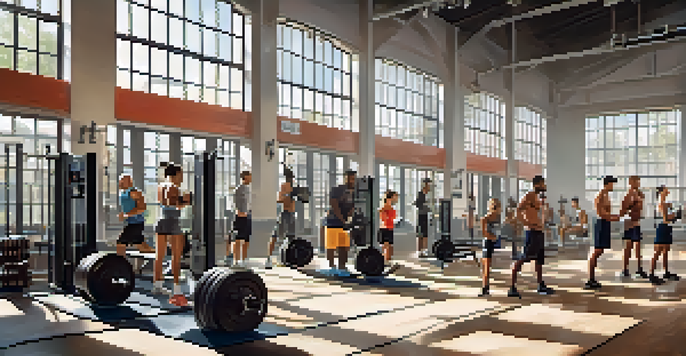 A diverse group of athletes working out in a bright gym, focusing on strength training exercises with gym equipment and motivational quotes on the walls.