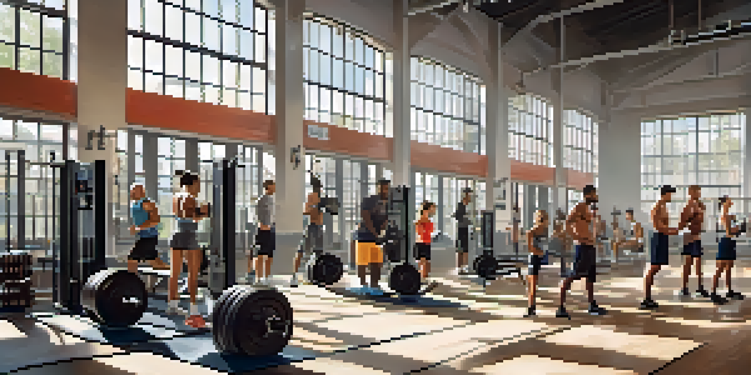 A diverse group of athletes working out in a bright gym, focusing on strength training exercises with gym equipment and motivational quotes on the walls.