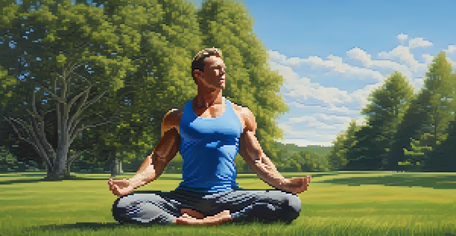 A bodybuilder practicing yoga outdoors in a grassy field, surrounded by trees and under a blue sky, representing active recovery.