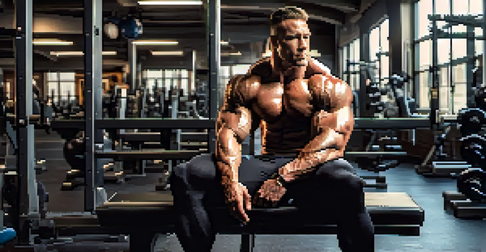 A bodybuilder sitting on a bench in a gym, appearing thoughtful with a warm light illuminating their muscles.