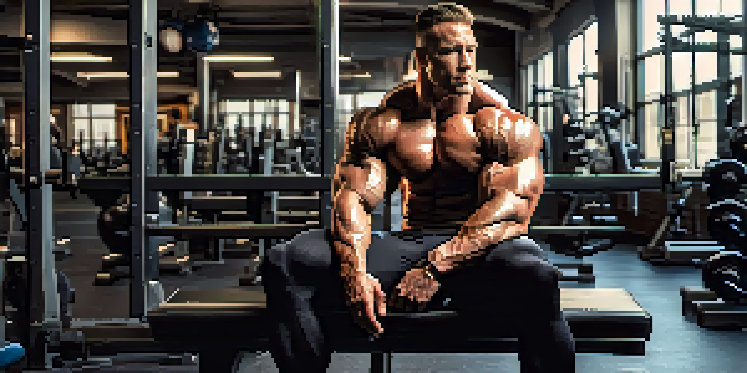 A bodybuilder sitting on a bench in a gym, appearing thoughtful with a warm light illuminating their muscles.