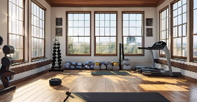 A well-lit home gym with adjustable dumbbells, motivational quotes on the walls, and a yoga mat on the floor.