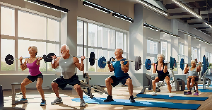 A diverse group of older adults engaging in bodybuilding exercises in a gym, surrounded by fitness equipment and natural light.