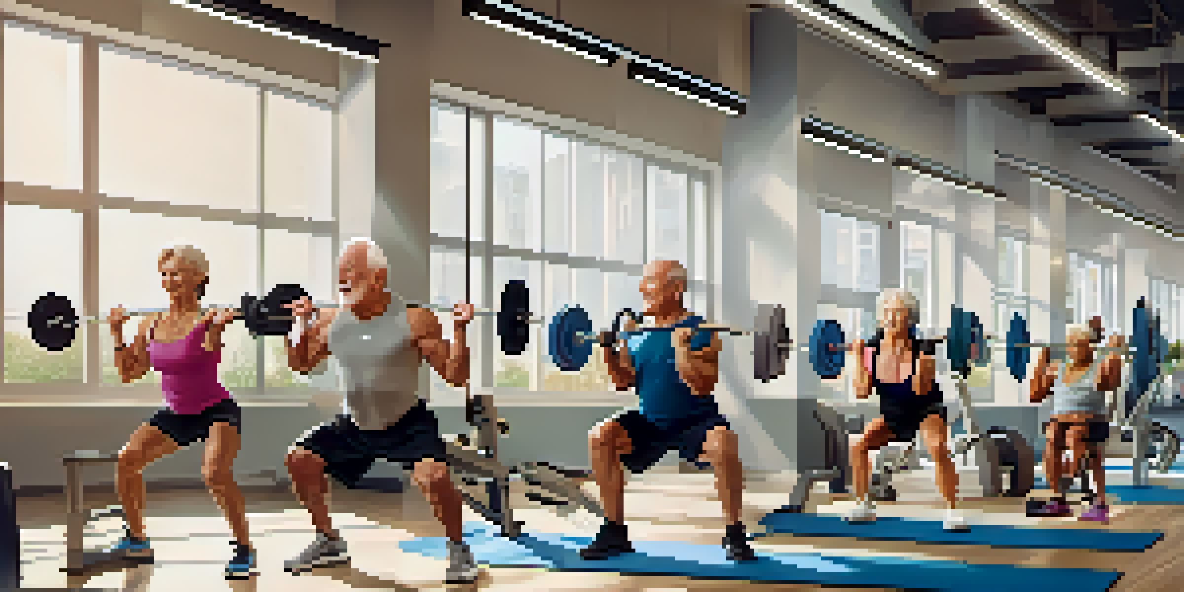 A diverse group of older adults engaging in bodybuilding exercises in a gym, surrounded by fitness equipment and natural light.